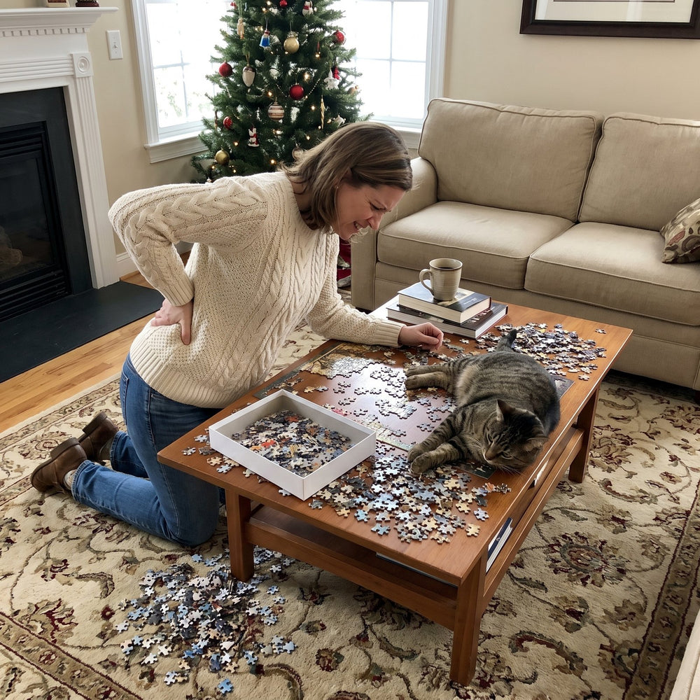 Puzzle spread over a coffee table