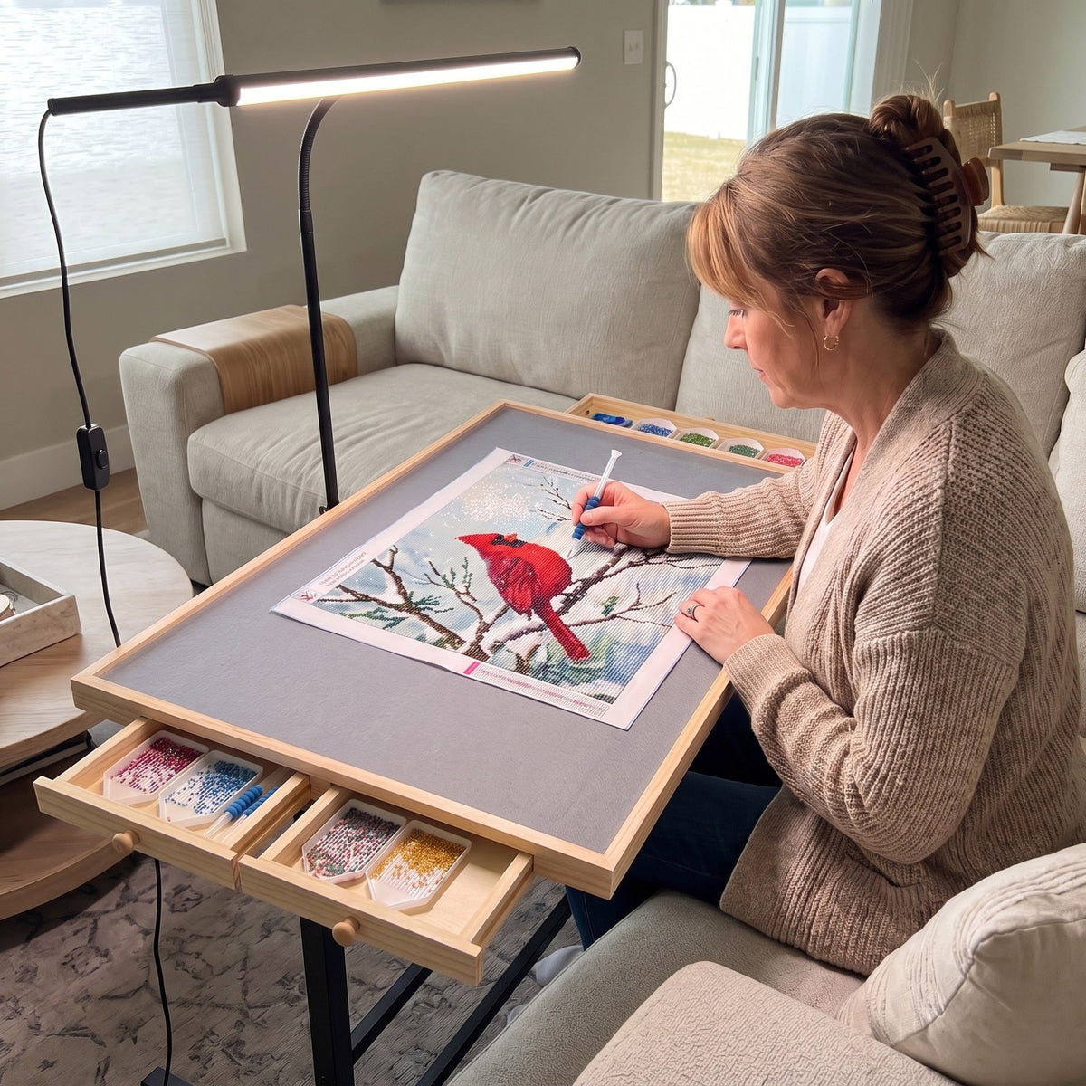 Diamond painting on the Couchside table