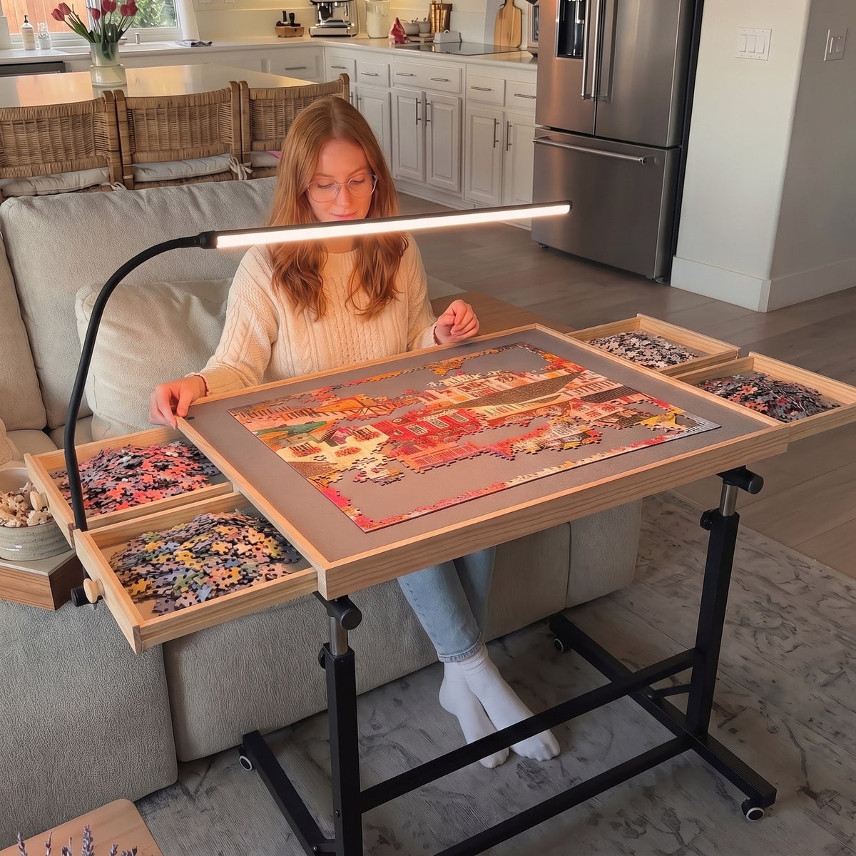 Woman doing a puzzle on the Couchside rolling puzzle table from her couch