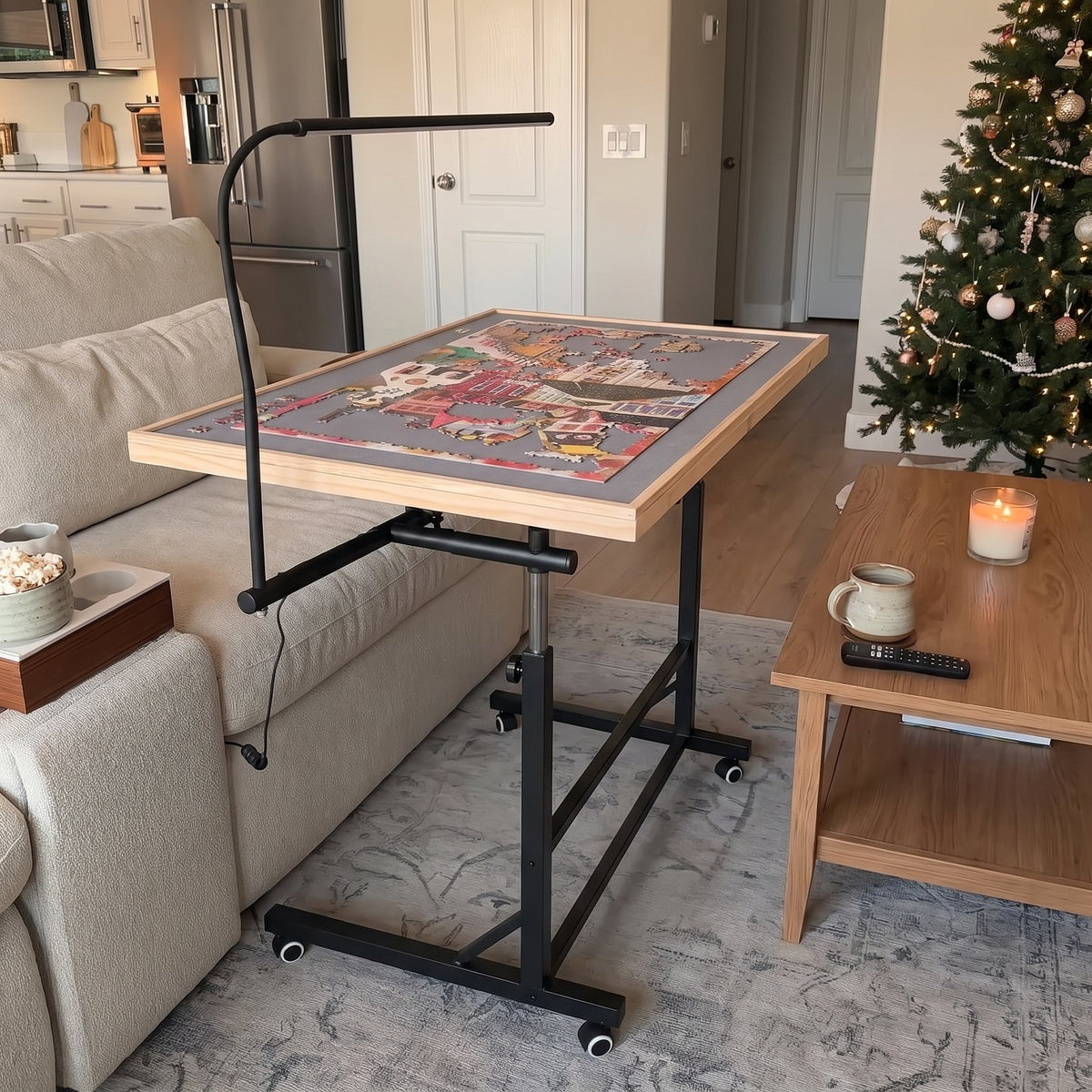 Table parked beside the sofa with the puzzle still on it